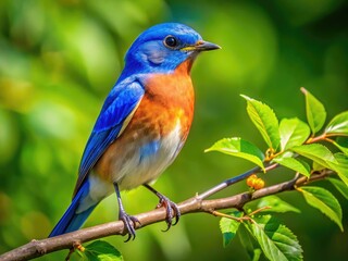 Vibrant Bluebird Perched on a Branch in a Lush Green Environment Under Clear Blue Skies