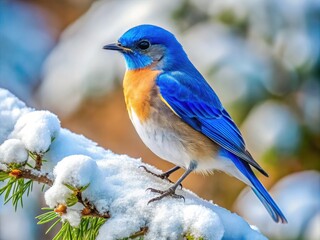 Fototapeta premium Vibrant Blue Bird Perched on a Snowy Branch in a Peaceful Winter Landscape with Soft Light