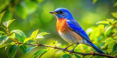 Obraz premium Vibrant Bluebird Perched on a Branch Surrounded by Lush Green Foliage in a Sunny Natural Setting