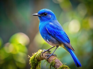 Obraz premium Vibrant Blue Bird Perched on Branch Against a Soft Focus Background of Nature and Greenery