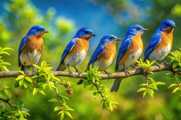Obraz premium Vibrant Bluebirds Perched on Branches in a Lush Green Environment Under Clear Blue Skies