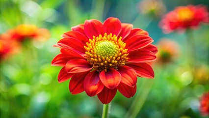 Vibrant Bright Red Flower with Yellow Anthers Against a Soft Green Background in Nature's Garden