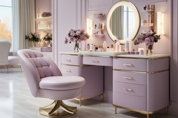Luxurious cosmetics salon  elegant vanity table with makeup tools, refreshing sprays, and candles