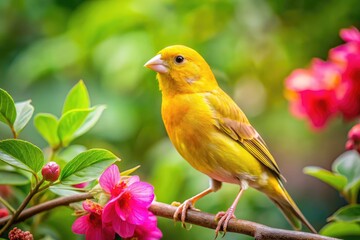 Obraz premium Vibrant Canary Perched on a Branch in Natural Habitat Surrounded by Lush Greenery and Flowers