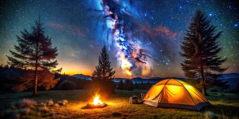 Vibrant Camping Scene with Tent and Campfire Under a Stunning Starry Night Sky Landscape