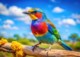 Obraz premium Vibrant Chunky Bird Perched on a Branch Against a Bright Blue Sky in a Natural Habitat Setting