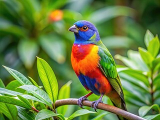 Obraz premium Vibrant Colorful Bird Perched on a Branch with Lush Green Foliage in a Natural Habitat Setting