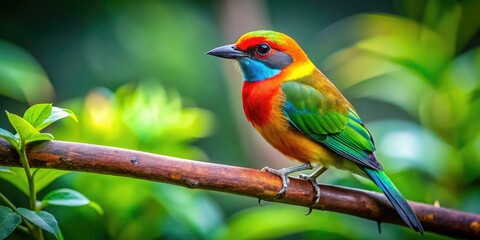 Vibrant Colorful Bird Perched on Branch Against a Lush Green Background in Nature's Paradise