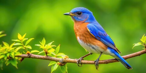 Fototapeta premium Vibrant Eastern Bluebird Perched on a Branch in the Lush Green Landscape of Georgia's Nature
