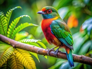 Obraz premium Vibrant Fancy Bird Perched Gracefully on a Branch Surrounded by Lush Green Foliage in Nature