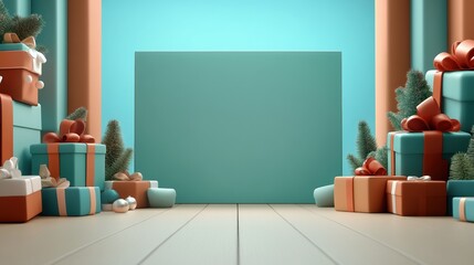 Colorful gift boxes arranged against a turquoise backdrop with wooden flooring.
