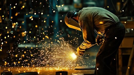 A welder works on a metal project, sparks flying.