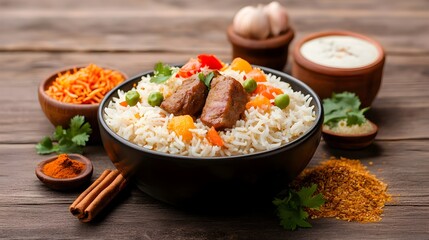 Fragrant Biryani Rice Dish with Marinated Meat Spices and Saffron   Traditional Indian Cuisine