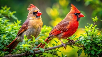 Vibrant Female Cardinals Perched on Branches Surrounded by Lush Greenery in Natural Habitat