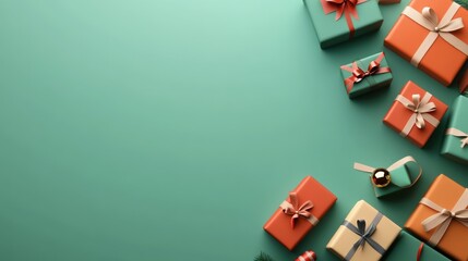 Colorful gift boxes arranged on a teal background, perfect for celebrations.