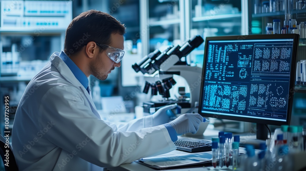 Poster scientist analyzing data in a high-tech laboratory during evening research sessions focused on molec