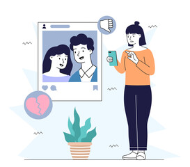 Woman with jealousy. Young girl with smartphone looks at photo of her ex boyfriend. Negative feelings and emotions, depression and frustration. Linear vector illustration