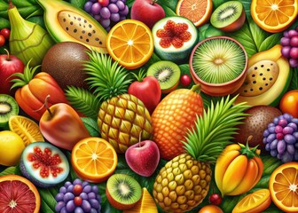 Vibrant Fruits Illustration Featuring a Variety of Fresh and Colorful Tropical and Seasonal Fruits