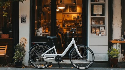 A white bicycle is parked outside a cafe with a window display of baked goods and an interior lit by warm lights.