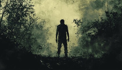 Shadow of Fear - Mysterious Figure in Dark Forest Symbolizing Panic and Anxiety with High Contrast Mood