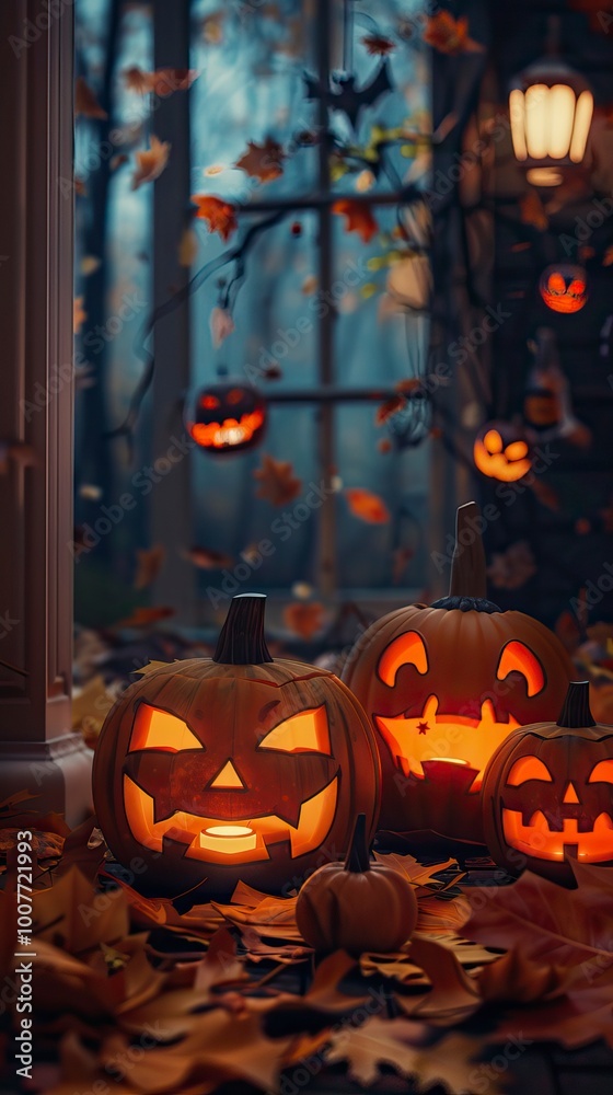 Wall mural Happy Halloween with pumpkin lanterns --ar 9:16 --v 6 Job ID: c8764b0f-1362-4639-be63-376bfbc6209c