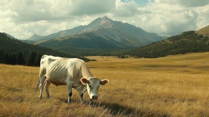 A white cow grazes in a grassy meadow with a mountain range in the background.