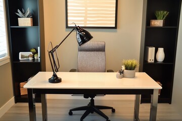 A white desk with black legs sits in front of a gray office chair in a home office. A black lamp is on the desk to the left, and there is a plant on the desk to the right.