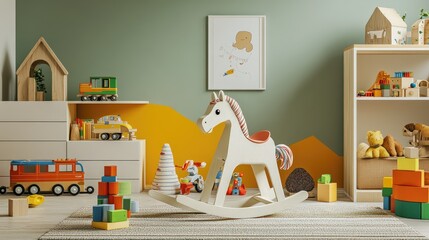 A bright, cheerful playroom featuring a rocking horse surrounded by other classic wooden toys, such as blocks, cars, and a toy train set, creating a nostalgic scene.