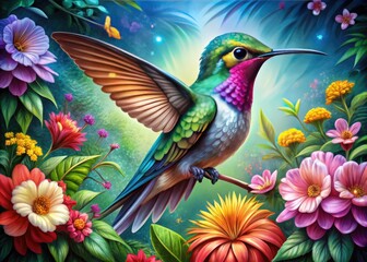 Obraz premium Vibrant Hummingbird Color Drawing with Intricate Details and Beautiful Floral Background Elements