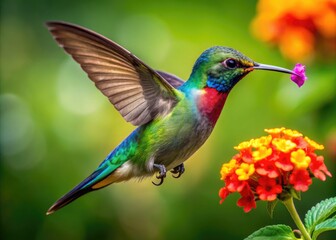 Fototapeta premium Vibrant Hummingbird Feeding on Colorful Flower Against a Lush Green Background in Nature Scene