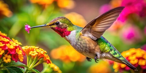 Fototapeta premium Vibrant Hummingbird Feeding on Colorful Flowers in a Lush Garden Setting During Sunny Daylight