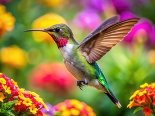 Fototapeta premium Vibrant Hummingbird Hovering Near Colorful Flowers in a Lush Green Garden Setting