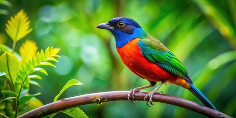 Obraz premium Vibrant Java Rice Bird Perched on a Branch in Lush Green Tropical Environment Captivating Colors