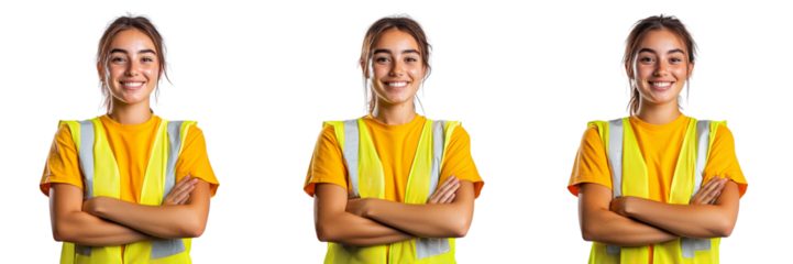collection Set a smiling woman in a high-visibility vest, with her arms crossed, wearing a yellow T-shirt, on a transparent background cutout, PNG file 