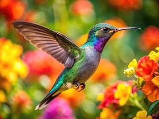 Vibrant Kolibri Hummingbird in Flight Among Colorful Flowers in a Lush Tropical Garden Setting