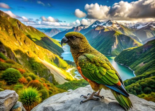 Vibrant Kea Bird Perched on a Rock with Stunning New Zealand Landscape in the Background