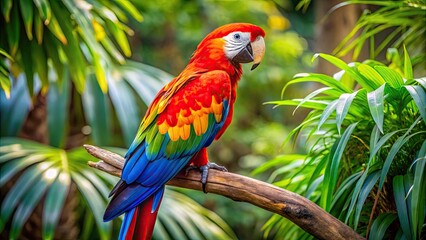 Vibrant Macaw Bird Perched on Branch, Showcasing Stunning Plumage in Natural Tropical Habitat