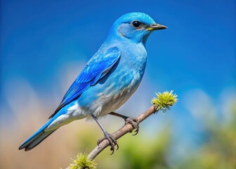 Obraz premium Vibrant Mountain Bluebird Perched on a Branch Against a Clear Blue Sky in Natural Habitat