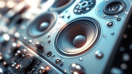 Close-up of audio speakers showcasing sound engineering design.