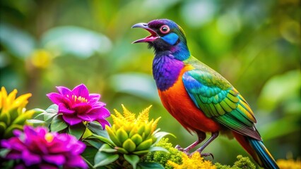 Obraz premium Vibrant Open Mouthed Bird Calling in Nature Surrounded by Lush Greenery and Colorful Flora