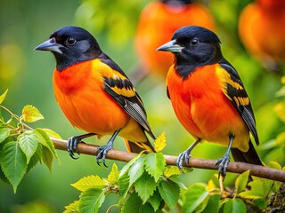 Fototapeta premium Vibrant Oriole Birds Perched on Branches Showcasing Their Stunning Colors in Natural Habitat