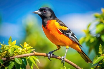 Fototapeta premium Vibrant Oriole Perched on Branch in Natural Habitat with Lush Greenery and Bright Blue Sky Above