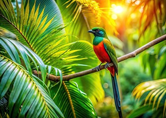 Vibrant Palm Leaf Bird Perched Gracefully Among Lush Tropical Foliage in Bright Natural Setting