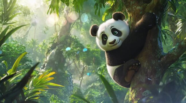 a cute panda is climbing a tree and looking for food in a tropical forest. Virtual 4K video animation background with looping time lapse with very smooth graphics.