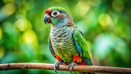 Vibrant Pineapple Turquoise Green Cheek Conure Perched on a Branch with Lush Green Background