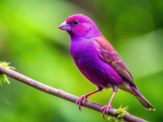 Vibrant Purple Canary Bird Perched on a Branch Against a Soft Green Background in Natural Habitat