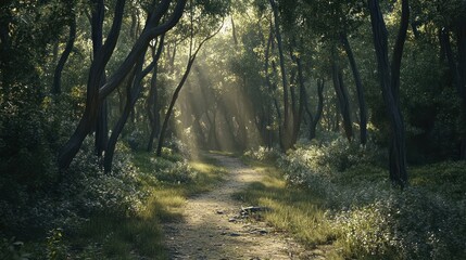 Naklejka premium A winding path through a dense forest, sunlight filtering through the trees.
