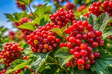 Fototapeta premium Vibrant Red Berries of Viburnum in the Wild Among Lush Green Foliage on a Sunny Day in Nature