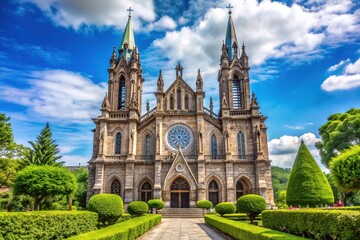 Obraz premium A majestic Catholic church exterior with towering steeples and intricate stone carvings set against a serene blue sky with lush greenery in the foreground.