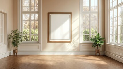Fototapeta premium A bright, spacious room featuring large windows, a blank picture frame, and potted plants, creating a serene and inviting atmosphere.